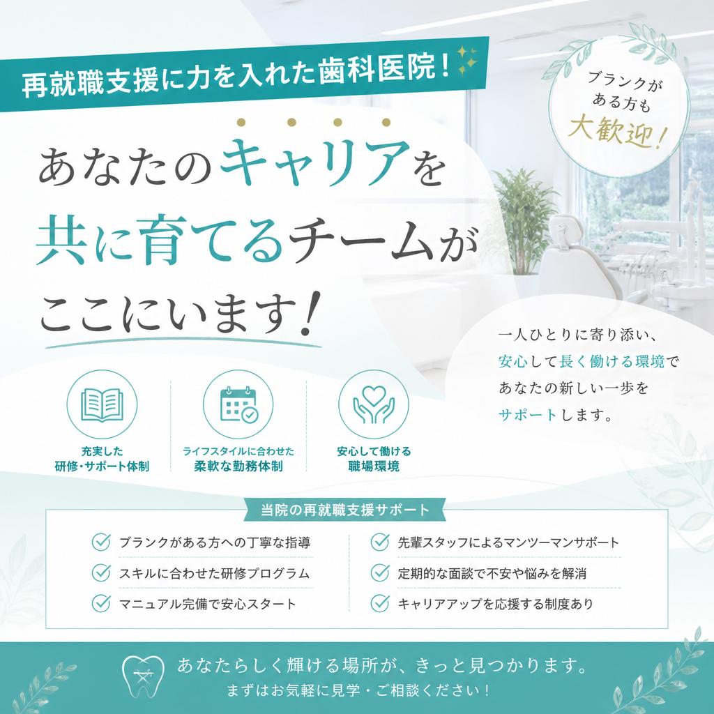 再就職支援に力を入れた歯科医院！あなたのキャリアを共に育てるチームがここにいます！